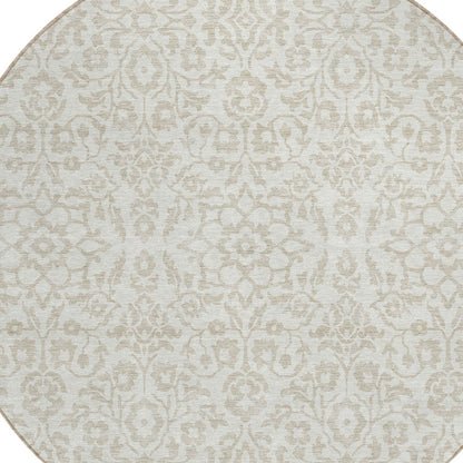 Tabselect Home Line 8' Ivory And Beige Round Damask Washable Indoor Outdoor Area Rug