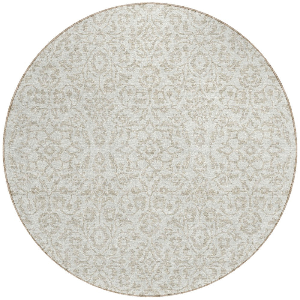 Tabselect Home Line 8' Ivory And Beige Round Damask Washable Indoor Outdoor Area Rug