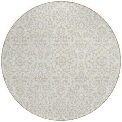 Tabselect Home Line 8' Ivory And Beige Round Damask Washable Indoor Outdoor Area Rug