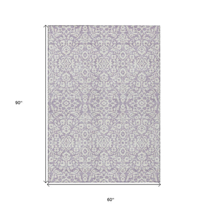 Tabselect Home Line 5' X 8' Lavender And Ivory Damask Washable Indoor Outdoor Area Rug