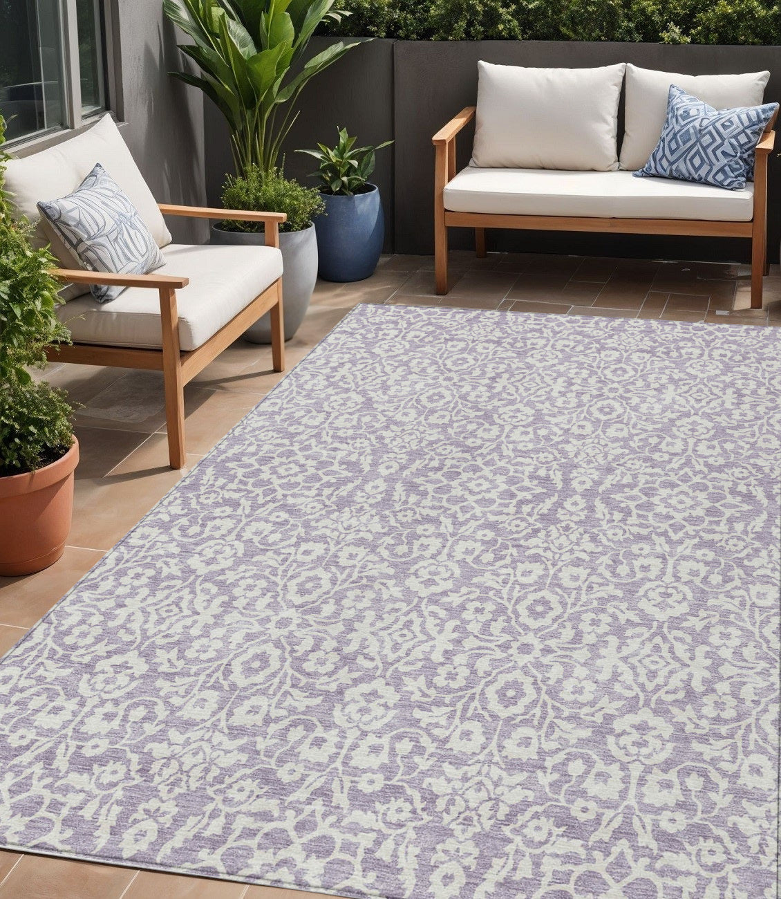 Tabselect Home Line 5' X 8' Lavender And Ivory Damask Washable Indoor Outdoor Area Rug