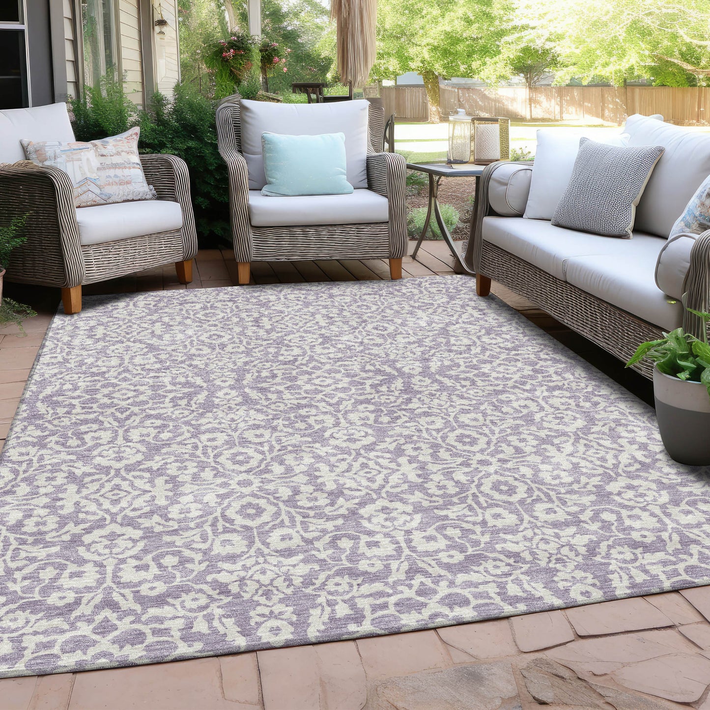 Tabselect Home Line 5' X 8' Lavender And Ivory Damask Washable Indoor Outdoor Area Rug