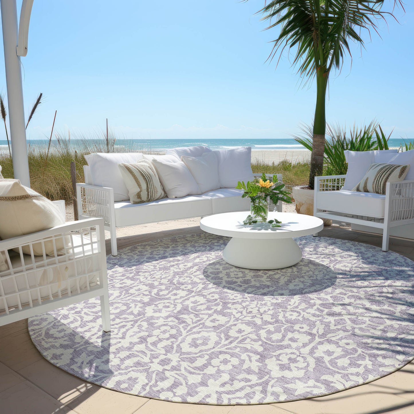 Tabselect Home Line 8' Lavender And Ivory Round Damask Washable Indoor Outdoor Area Rug