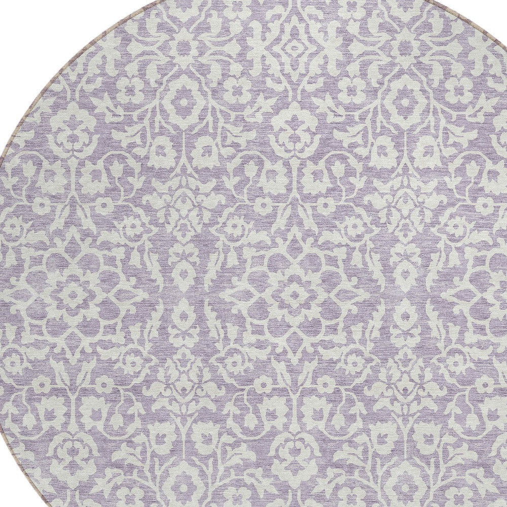 Tabselect Home Line 8' Lavender And Ivory Round Damask Washable Indoor Outdoor Area Rug