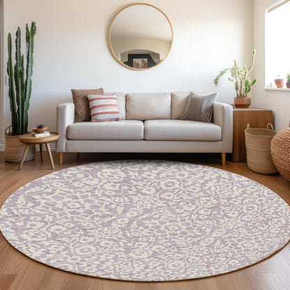 Tabselect Home Line 8' Lavender And Ivory Round Damask Washable Indoor Outdoor Area Rug