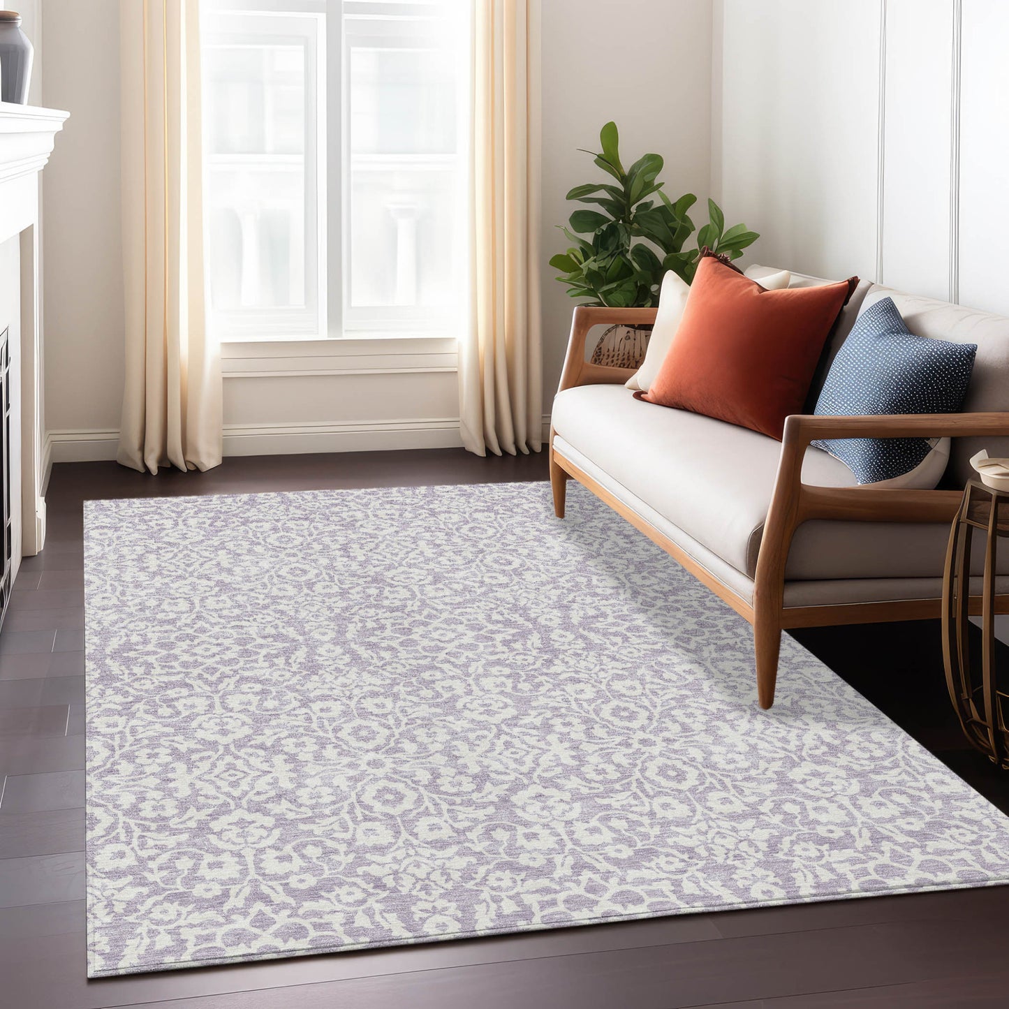 Tabselect Home Line 8' X 10' Lavender And Ivory Damask Washable Indoor Outdoor Area Rug