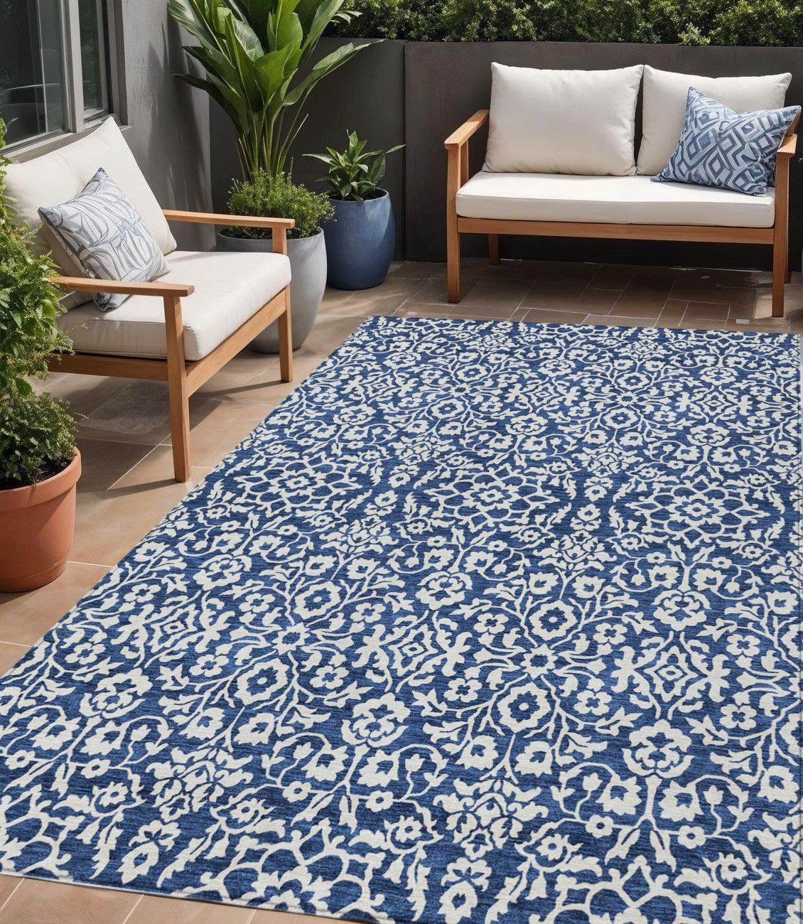 Tabselect Home Line 5' X 8' Navy Blue And Ivory Damask Washable Indoor Outdoor Area Rug
