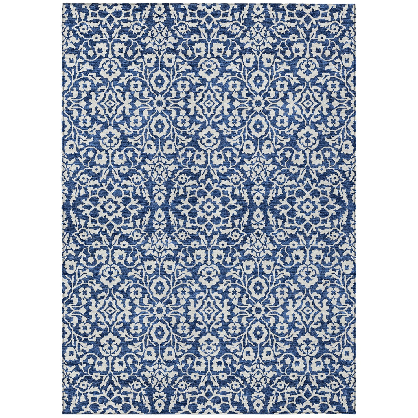 Tabselect Home Line 5' X 8' Navy Blue And Ivory Damask Washable Indoor Outdoor Area Rug