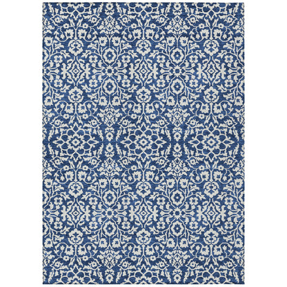 Tabselect Home Line 5' X 8' Navy Blue And Ivory Damask Washable Indoor Outdoor Area Rug