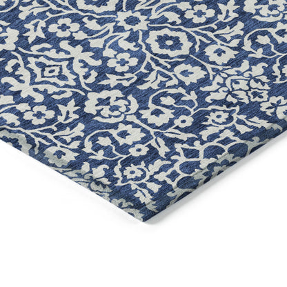 Tabselect Home Line 5' X 8' Navy Blue And Ivory Damask Washable Indoor Outdoor Area Rug