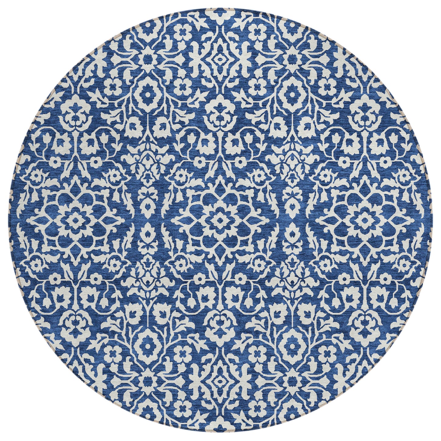 Tabselect Home Line 8' Navy Blue And Ivory Round Damask Washable Indoor Outdoor Area Rug