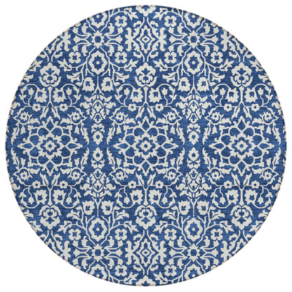 Tabselect Home Line 8' Navy Blue And Ivory Round Damask Washable Indoor Outdoor Area Rug