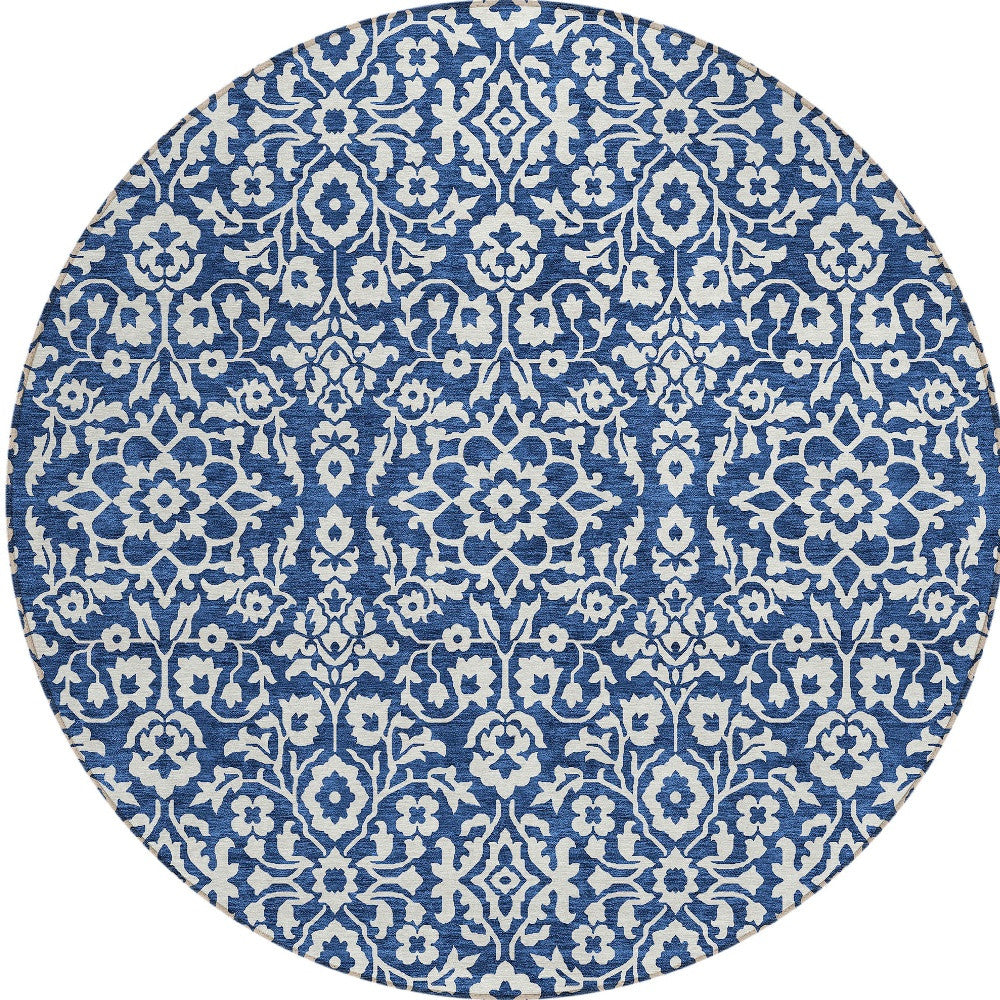 Tabselect Home Line 8' Navy Blue And Ivory Round Damask Washable Indoor Outdoor Area Rug