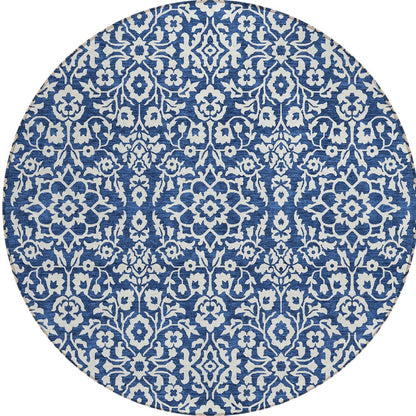 Tabselect Home Line 8' Navy Blue And Ivory Round Damask Washable Indoor Outdoor Area Rug