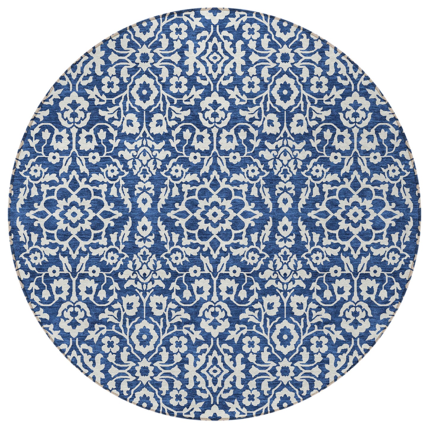 Tabselect Home Line 8' Navy Blue And Ivory Round Damask Washable Indoor Outdoor Area Rug