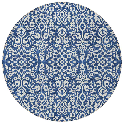 Tabselect Home Line 8' Navy Blue And Ivory Round Damask Washable Indoor Outdoor Area Rug