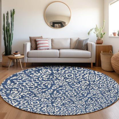 Tabselect Home Line 8' Navy Blue And Ivory Round Damask Washable Indoor Outdoor Area Rug