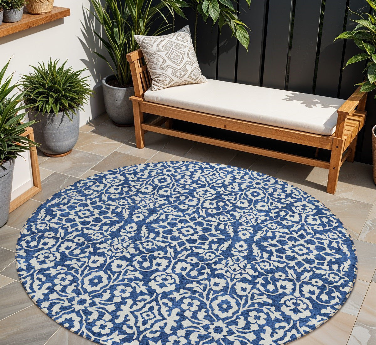 Tabselect Home Line 8' Navy Blue And Ivory Round Damask Washable Indoor Outdoor Area Rug