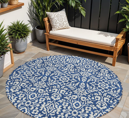 Tabselect Home Line 8' Navy Blue And Ivory Round Damask Washable Indoor Outdoor Area Rug