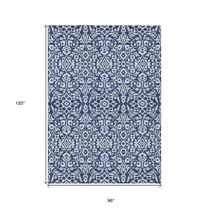 Tabselect Home Line 8' X 10' Navy Blue And Ivory Damask Washable Indoor Outdoor Area Rug