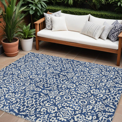 Tabselect Home Line 8' X 10' Navy Blue And Ivory Damask Washable Indoor Outdoor Area Rug