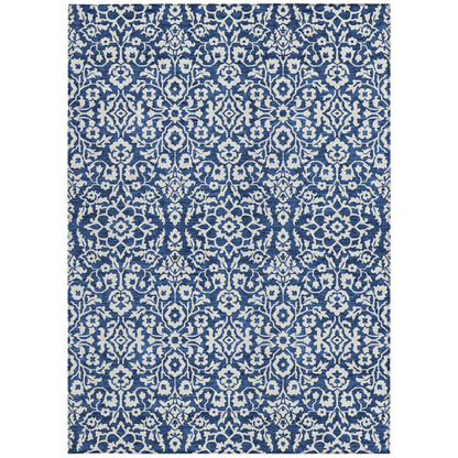 Tabselect Home Line 8' X 10' Navy Blue And Ivory Damask Washable Indoor Outdoor Area Rug