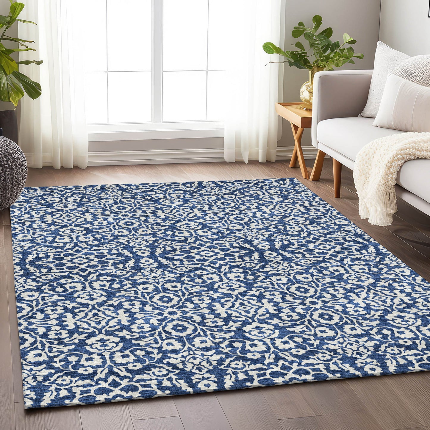 Tabselect Home Line 8' X 10' Navy Blue And Ivory Damask Washable Indoor Outdoor Area Rug