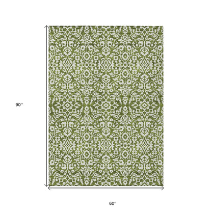 Tabselect Home Line 5' X 8' Olive Green And Ivory Damask Washable Indoor Outdoor Area Rug