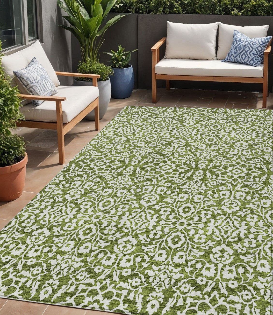 Tabselect Home Line 5' X 8' Olive Green And Ivory Damask Washable Indoor Outdoor Area Rug