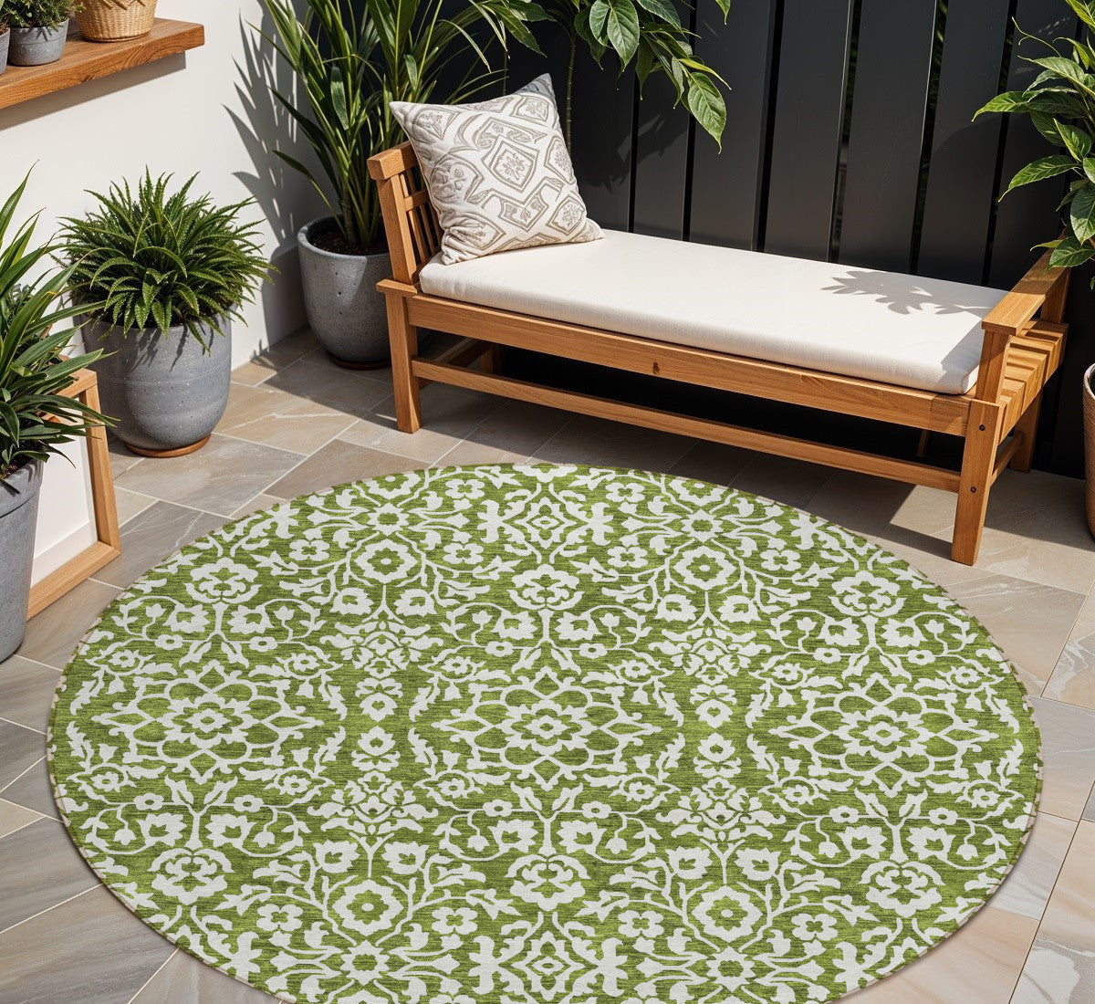 Tabselect Home Line 8' Olive Green And Ivory Round Damask Washable Indoor Outdoor Area Rug