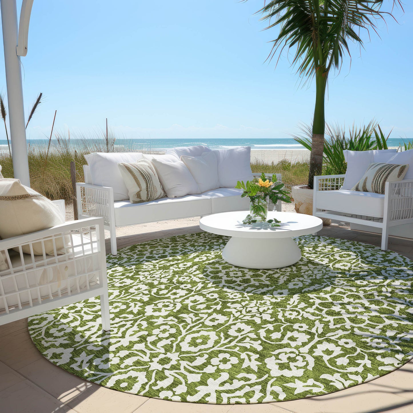 Tabselect Home Line 8' Olive Green And Ivory Round Damask Washable Indoor Outdoor Area Rug