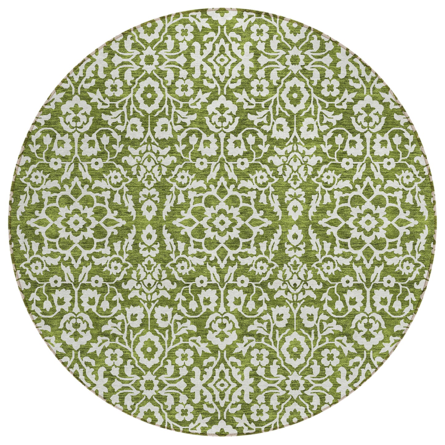 Tabselect Home Line 8' Olive Green And Ivory Round Damask Washable Indoor Outdoor Area Rug