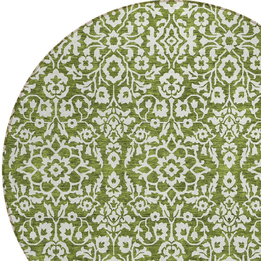 Tabselect Home Line 8' Olive Green And Ivory Round Damask Washable Indoor Outdoor Area Rug