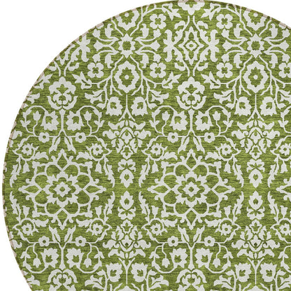 Tabselect Home Line 8' Olive Green And Ivory Round Damask Washable Indoor Outdoor Area Rug