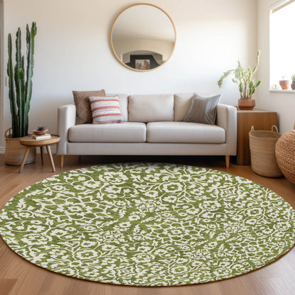 Tabselect Home Line 8' Olive Green And Ivory Round Damask Washable Indoor Outdoor Area Rug