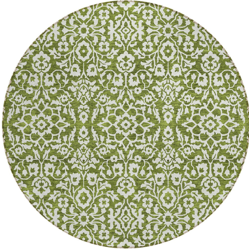 Tabselect Home Line 8' Olive Green And Ivory Round Damask Washable Indoor Outdoor Area Rug