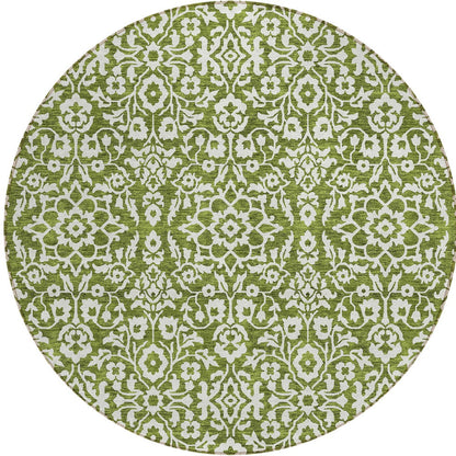 Tabselect Home Line 8' Olive Green And Ivory Round Damask Washable Indoor Outdoor Area Rug