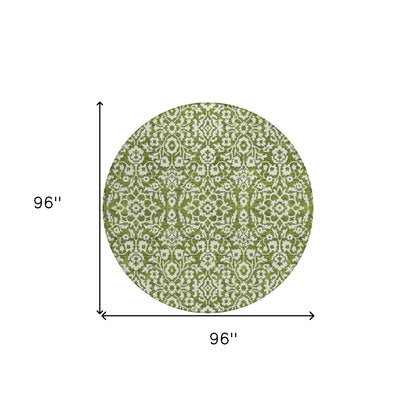 Tabselect Home Line 8' Olive Green And Ivory Round Damask Washable Indoor Outdoor Area Rug