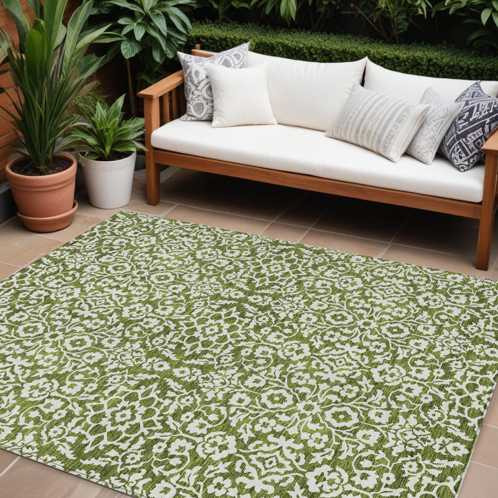 Tabselect Home Line 8' X 10' Olive Green And Ivory Damask Washable Indoor Outdoor Area Rug