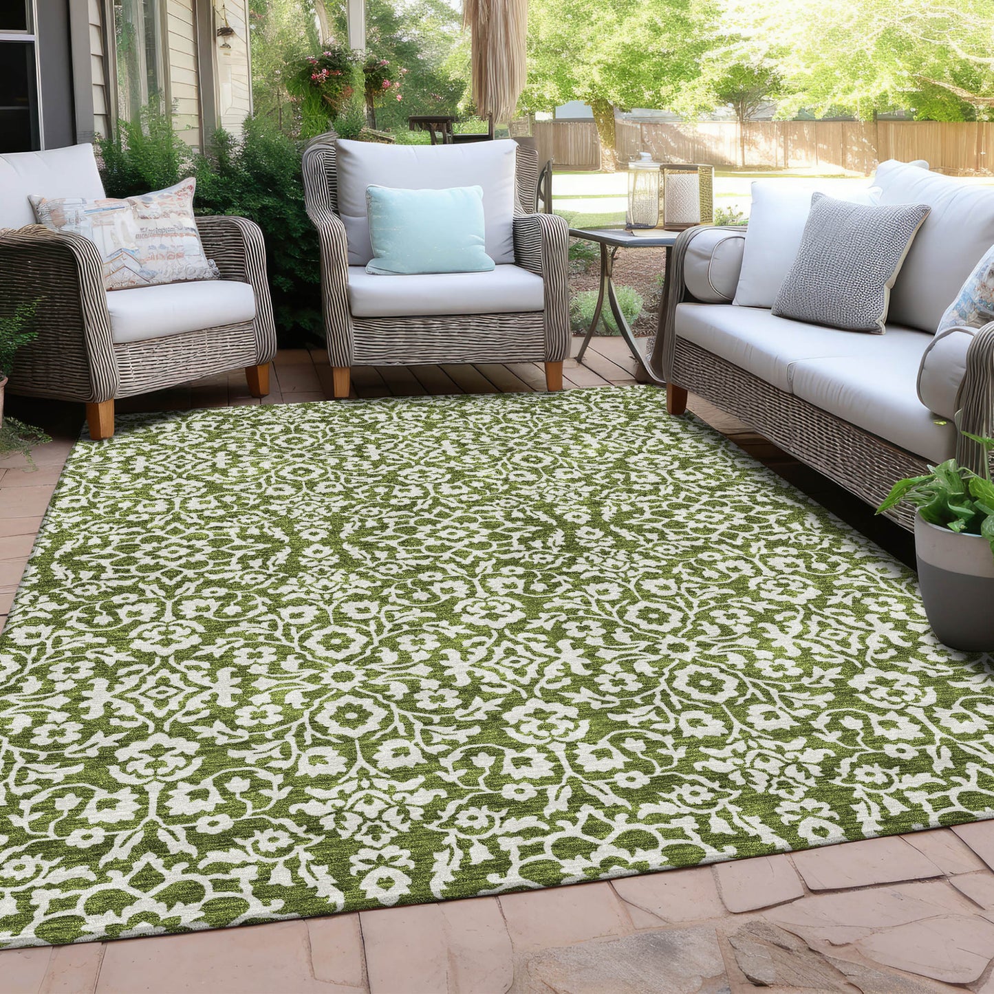 Tabselect Home Line 8' X 10' Olive Green And Ivory Damask Washable Indoor Outdoor Area Rug