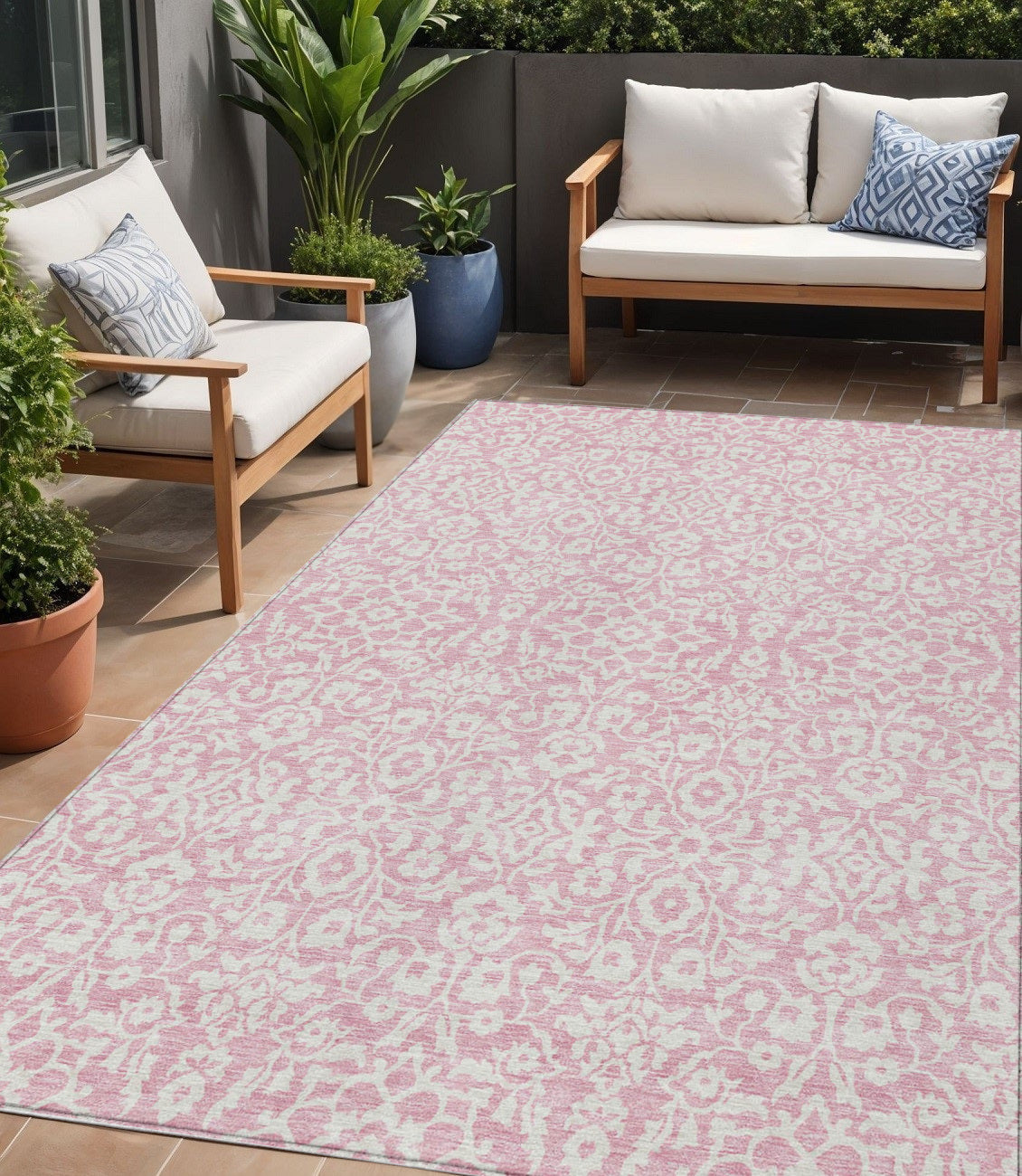 Tabselect Home Line 5' X 8' Pink And Ivory Damask Washable Indoor Outdoor Area Rug