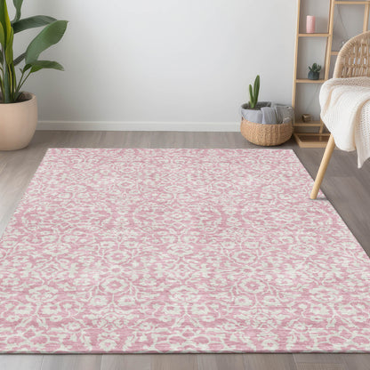 Tabselect Home Line 5' X 8' Pink And Ivory Damask Washable Indoor Outdoor Area Rug
