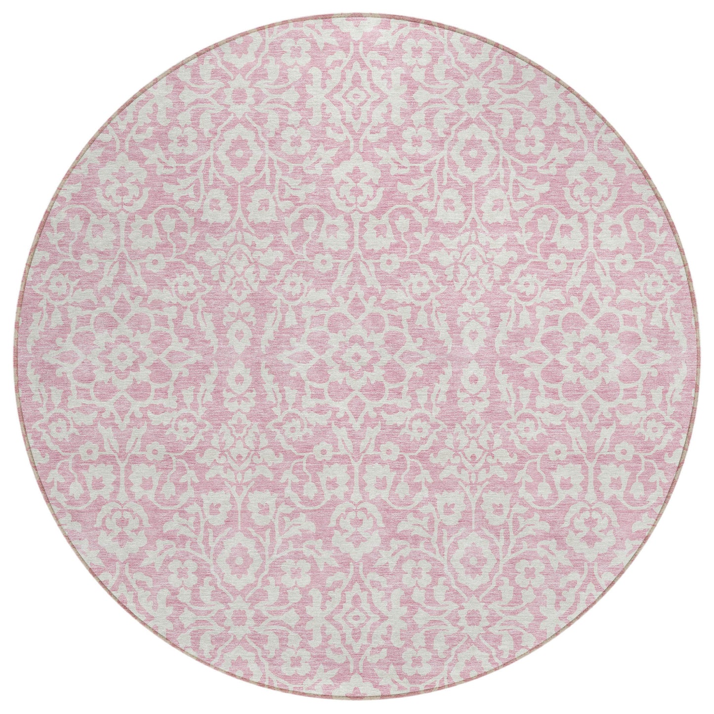 Tabselect Home Line 8' Pink And Ivory Round Damask Washable Indoor Outdoor Area Rug