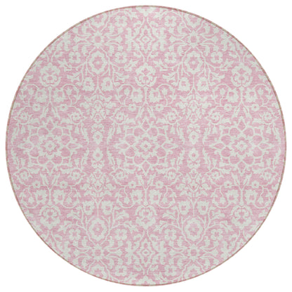 Tabselect Home Line 8' Pink And Ivory Round Damask Washable Indoor Outdoor Area Rug