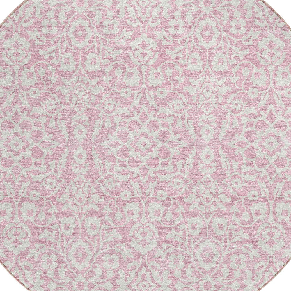 Tabselect Home Line 8' Pink And Ivory Round Damask Washable Indoor Outdoor Area Rug