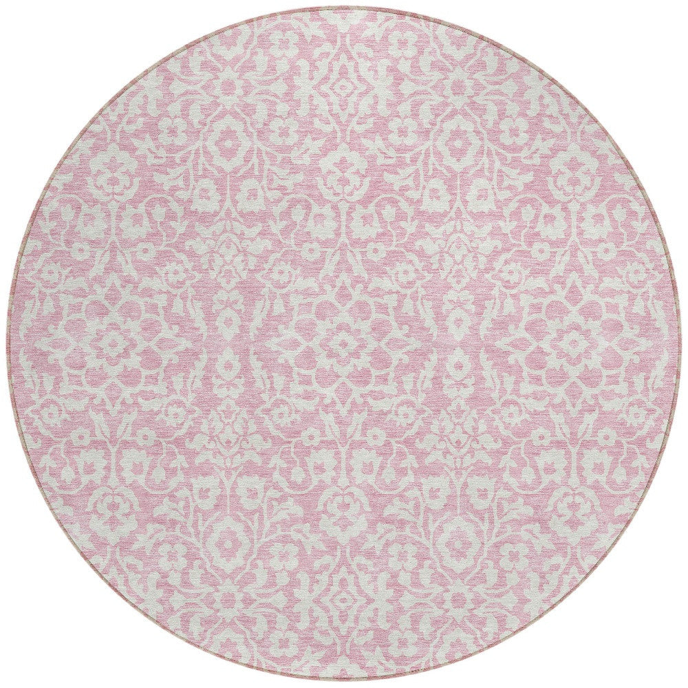 Tabselect Home Line 8' Pink And Ivory Round Damask Washable Indoor Outdoor Area Rug