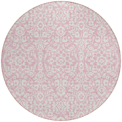 Tabselect Home Line 8' Pink And Ivory Round Damask Washable Indoor Outdoor Area Rug