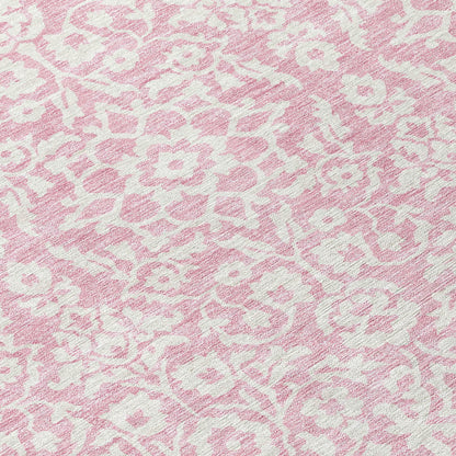 Tabselect Home Line 8' Pink And Ivory Round Damask Washable Indoor Outdoor Area Rug