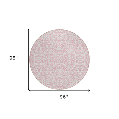 Tabselect Home Line 8' Pink And Ivory Round Damask Washable Indoor Outdoor Area Rug