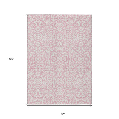 Tabselect Home Line 8' X 10' Pink And Ivory Damask Washable Indoor Outdoor Area Rug